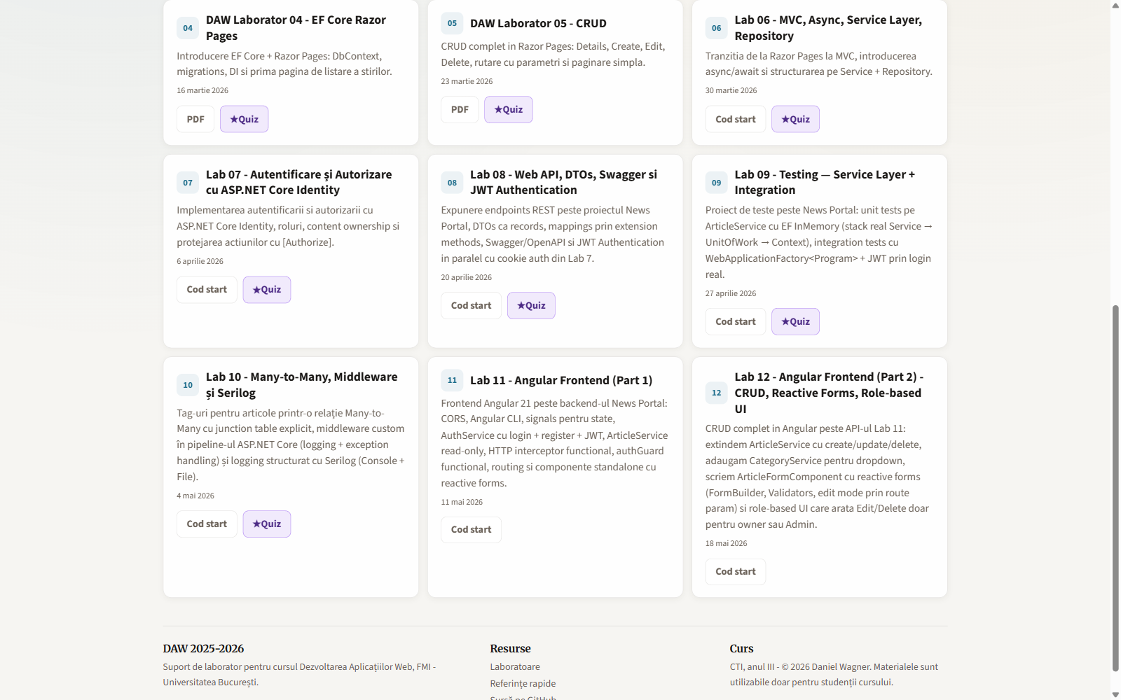 The lab grid: 13 authored labs with PDFs and quizzes